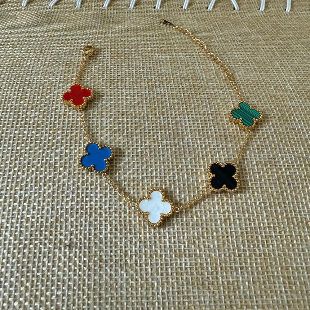 GOLD PLATED CLOVER BRACELET MULTI COLOR STONES REVERSIBLE STAINLESS STEEL